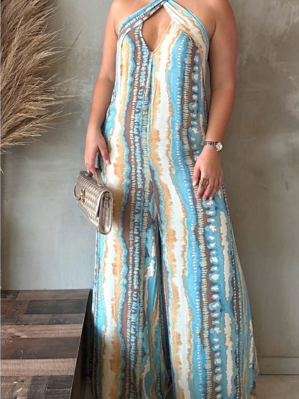 ILLA ILLA Blue, Tan & White Halter Wide-Leg Jumpsuit